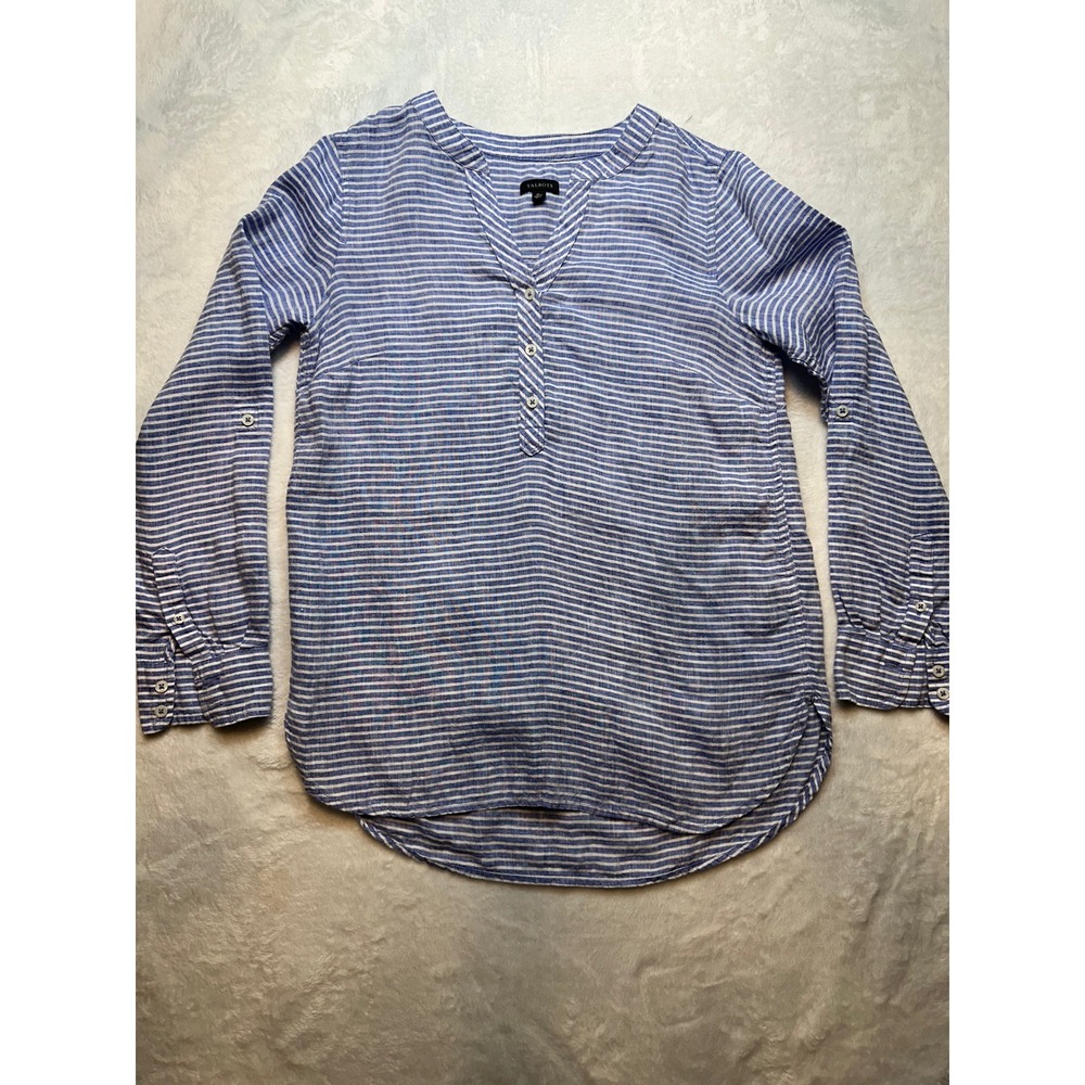 Talbots Womens XS Blue White Stripe 100% Linen Long Sleeve Tab Tunic Top-206